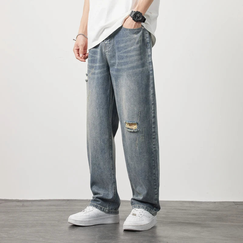 Korea Baggy torn holey ripped Jeans Men Vintage  Y2k Pants Fashion Frayed High Street Distressed Denim Trousers loose thin Male