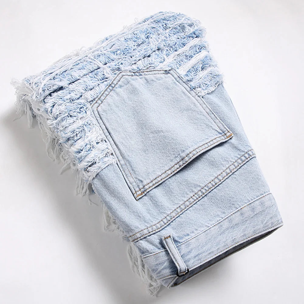 Men's Light Blue Fringe Denim Jeans Ripped Distressed Destroyed Streetwear Pants with Patches Patchwork Loose Fit Trousers