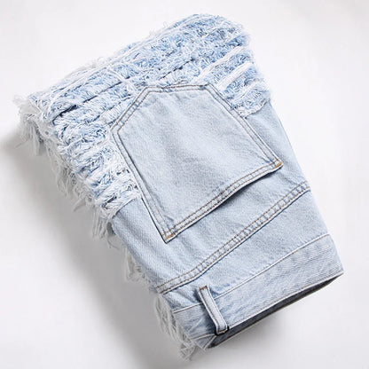 Men's Light Blue Fringe Denim Jeans Ripped Distressed Destroyed Streetwear Pants with Patches Patchwork Loose Fit Trousers