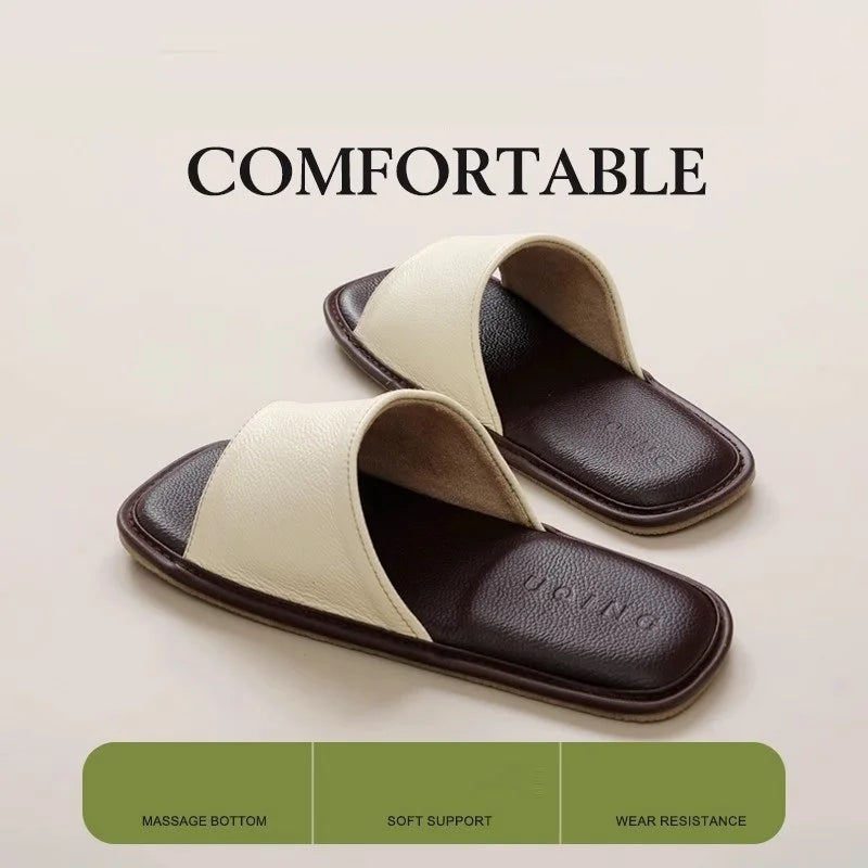 New Genuine Leather Slippers Men Square Open Toe Slides Shoes Home Mute Slippers Man Luxury Top Quality Guest Slipper Cowhide
