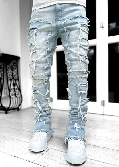 Man Stacked Jeans Elastic Waist Straight Fit Patchworks Denim Long Pants Fringe Ripped Jeans For Men
