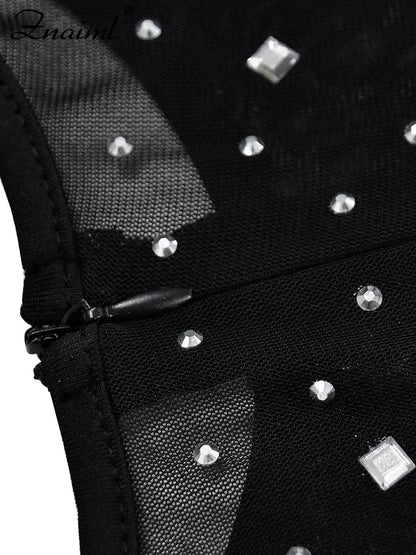 Znaiml Luxury Sparkly Crystal Rhinestone Christmas Evening Bodycon Long Dress Women's Mesh See Through Birthday Night Vestidos