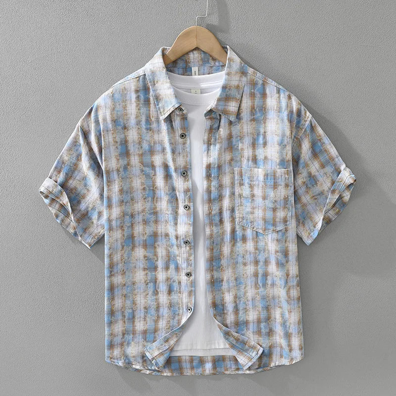2025 Summer New 100% Cotton Casual Plaid Short Sleeve Shirt for Men Loose Turn-down Collar Shirt CM8265