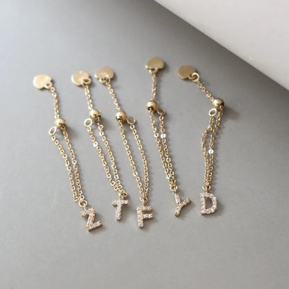 925 Sterling Silver Electroplated 18K Gold Inlaid Zircon Letter Chain Ring for Women Fashionable Simple Adjustable Ring