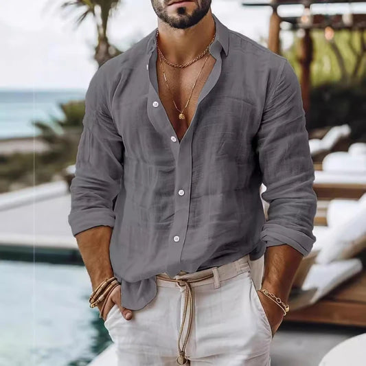 Men Solid Color Cotton Linen Shirt Casual Style Long-sleeved Business Casual Shirt Cross-border Independent Station