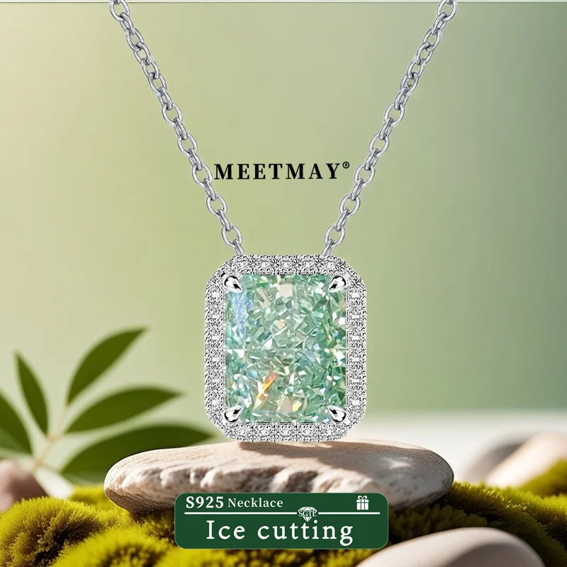 S925 sterling silver plated platinum rectangular mint green sparkle ice cut zircon pendant necklace for women fine jewelry gifts
