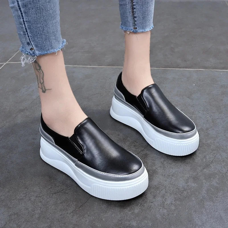 Spring Genuine Leather Soft Outsole Work Shoes Female Black Swing Shoes Woman Plus Size Wedges Single Shoes Zapatillas