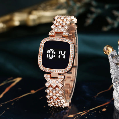 2PCS Watch Set Fashion Alloy Women's Shiny Square Rhinestones LED Digital Touch Watch 27576569047