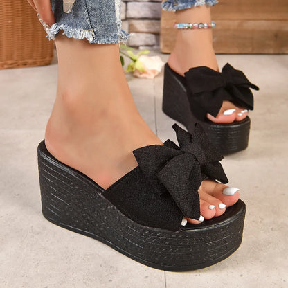 Platform Bowknot High Heels Slippers Women's Wedding Shoes Summer 2025 Casual White Black Slides Ladies Beach Pantuflas De Mujer