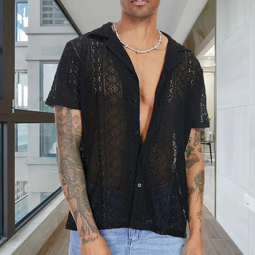 Summer Men Shirt Solid Color Hollow Out Lapel Short Sleeves Single-breasted Men Top Loose Mid-length Lace Male T-shirt