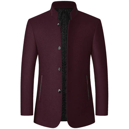 Mens Woolen Jacket Suit Stand-up Collar Middle-aged Autumn and Winter Woolen Men Jacket