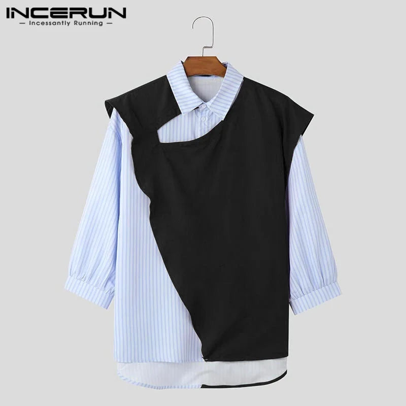 Summer Spring Men Shirts Fashion Patchwork INCERUN Striped Shirt Men's Clothing Streetwear Lapel Tops Oversize S-5XL