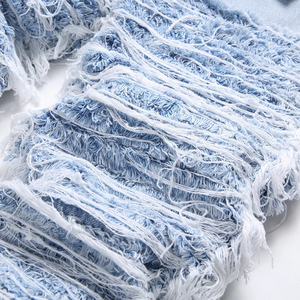 Men's Light Blue Fringe Denim Jeans Ripped Distressed Destroyed Streetwear Pants with Patches Patchwork Loose Fit Trousers
