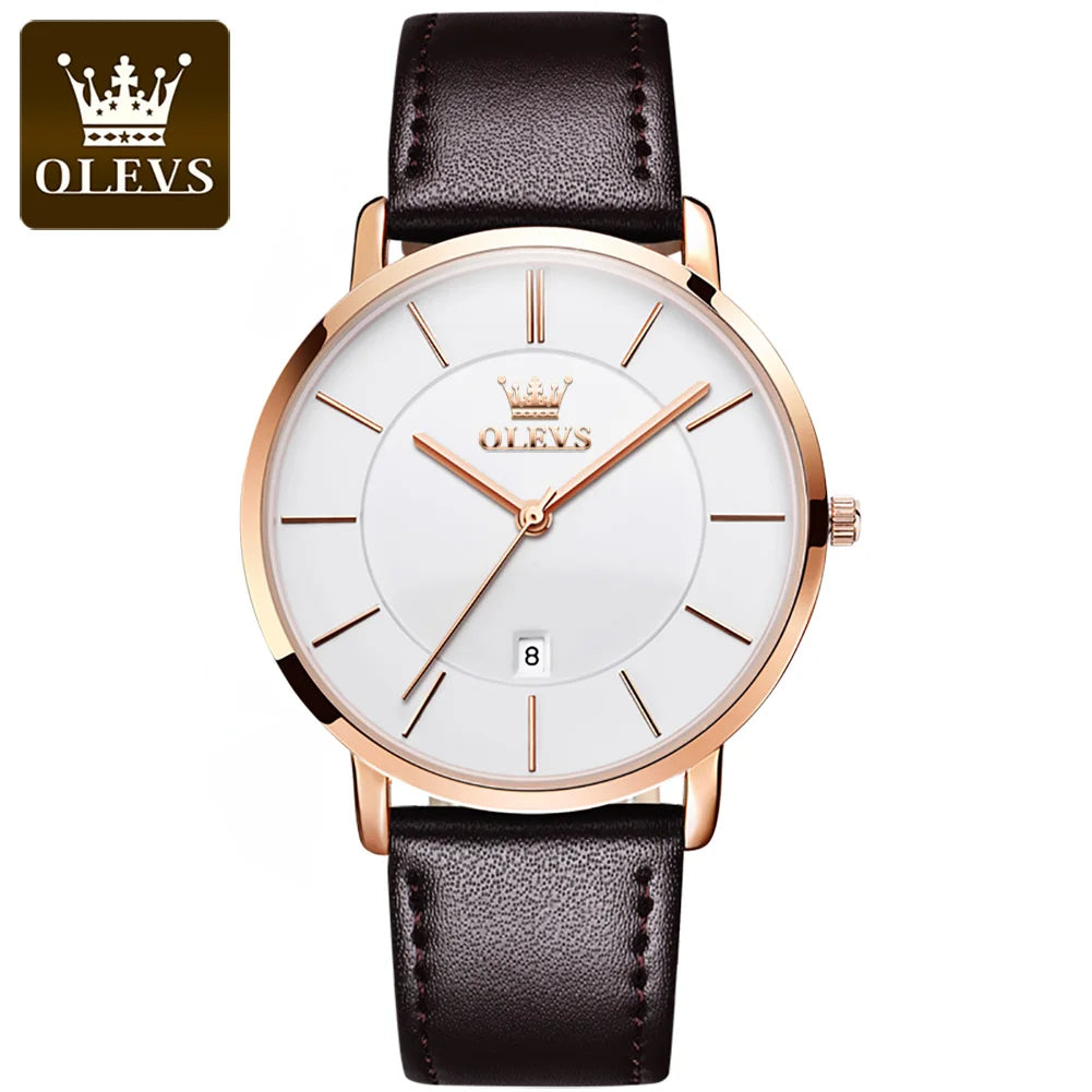 OLEVS 5869 Ultra Thin 6.5mm Quartz Watch for Men Fashion Leather Strap Simple Luxury Auto Date Clock Waterproof Men's Wristwatch