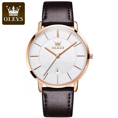 OLEVS 5869 Ultra Thin 6.5mm Quartz Watch for Men Fashion Leather Strap Simple Luxury Auto Date Clock Waterproof Men's Wristwatch