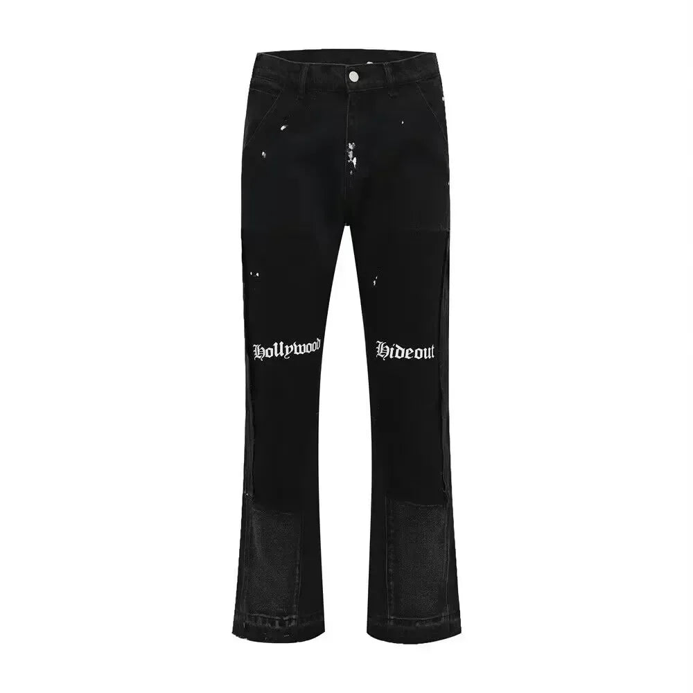 European and American high street men's washed jeans retro personalized straight-leg splicing flared pants trendy denim trousers