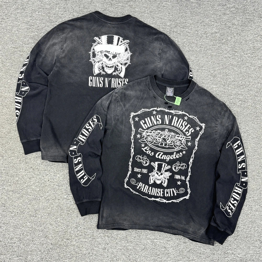 Vintage Hole SAINT Guns N' Roses Las Vegas Limited Washed T Shirt Men Women oversized Black Tee Tops T-Shirts