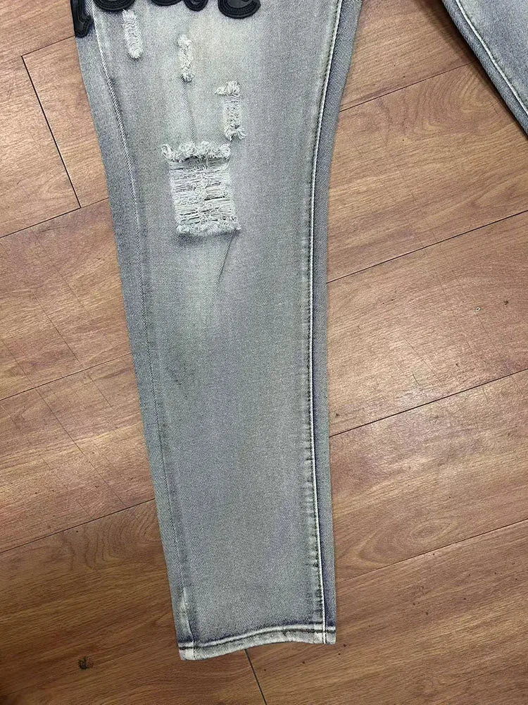 Mens Fashion Embroidery Casual Straight Hole Buckle Zipper Denim Long Pants Trousers Fashion Street Style Ripped Skinny Jeans
