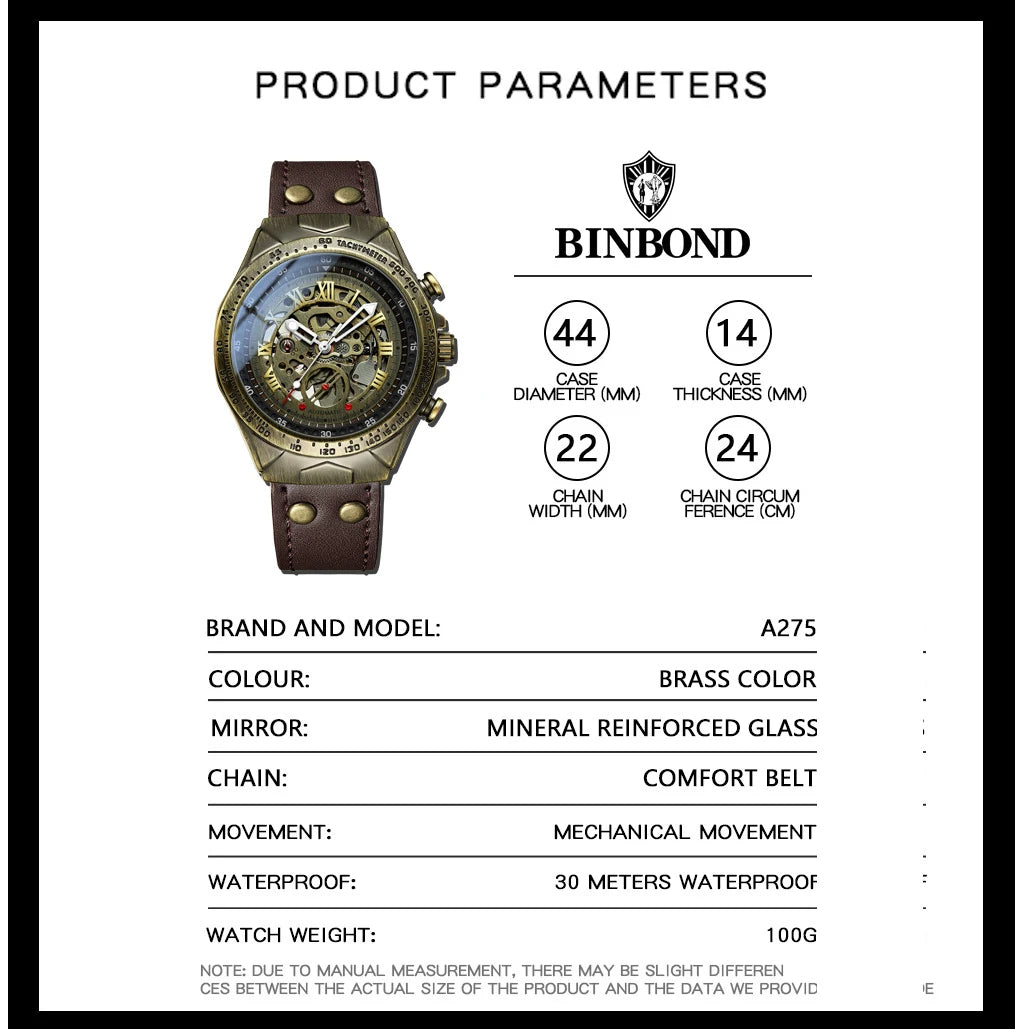 (Copy) BINBOND New Top Brand High-end Quality Retro Men's Fashion Casual Bronze Automatic Mechanical Watch Reloj Hombre Man Watch