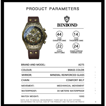 (Copy) BINBOND New Top Brand High-end Quality Retro Men's Fashion Casual Bronze Automatic Mechanical Watch Reloj Hombre Man Watch