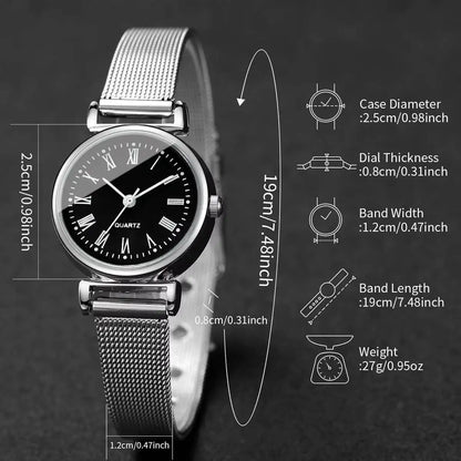 3PCS Fashion Roma Dial Women Watches Silver Mesh Band Quartz Wristwatches Jewelry Set Reloj Mujer（Without Box）