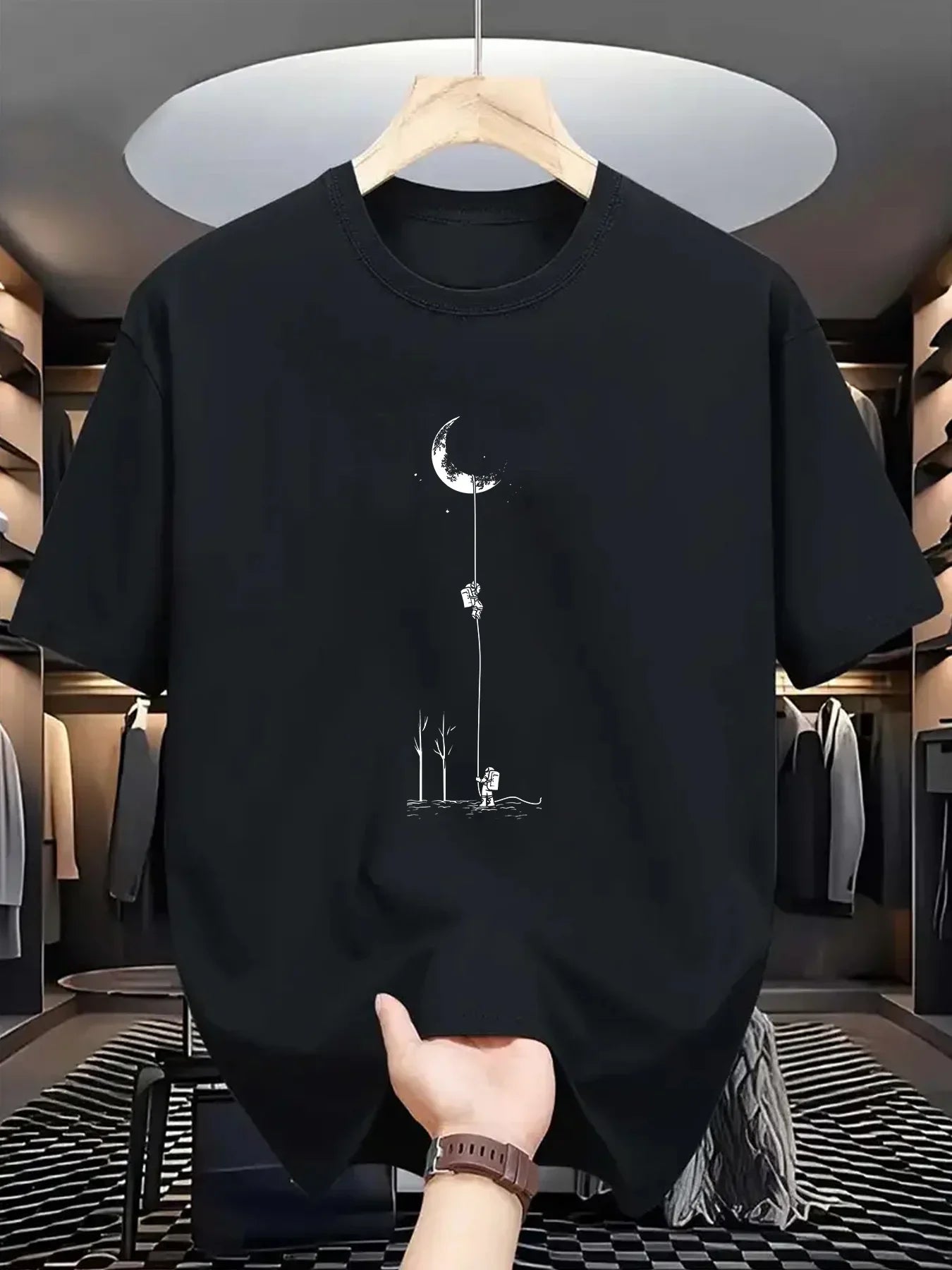 Summer Men's Casual Loose Accessories Plus Size Moon Landing Pattern Printed Round Neck Short Sleeve T-Shirt Top