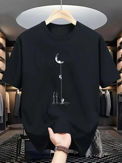 Summer Men's Casual Loose Accessories Plus Size Moon Landing Pattern Printed Round Neck Short Sleeve T-Shirt Top