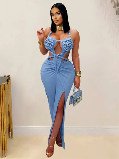 kliou Sexy Knitted Women Maxi Dress Hipster Coquette Halter Lace Up Backless Split Sheath Vestidos Mujer Nightout Party Frock