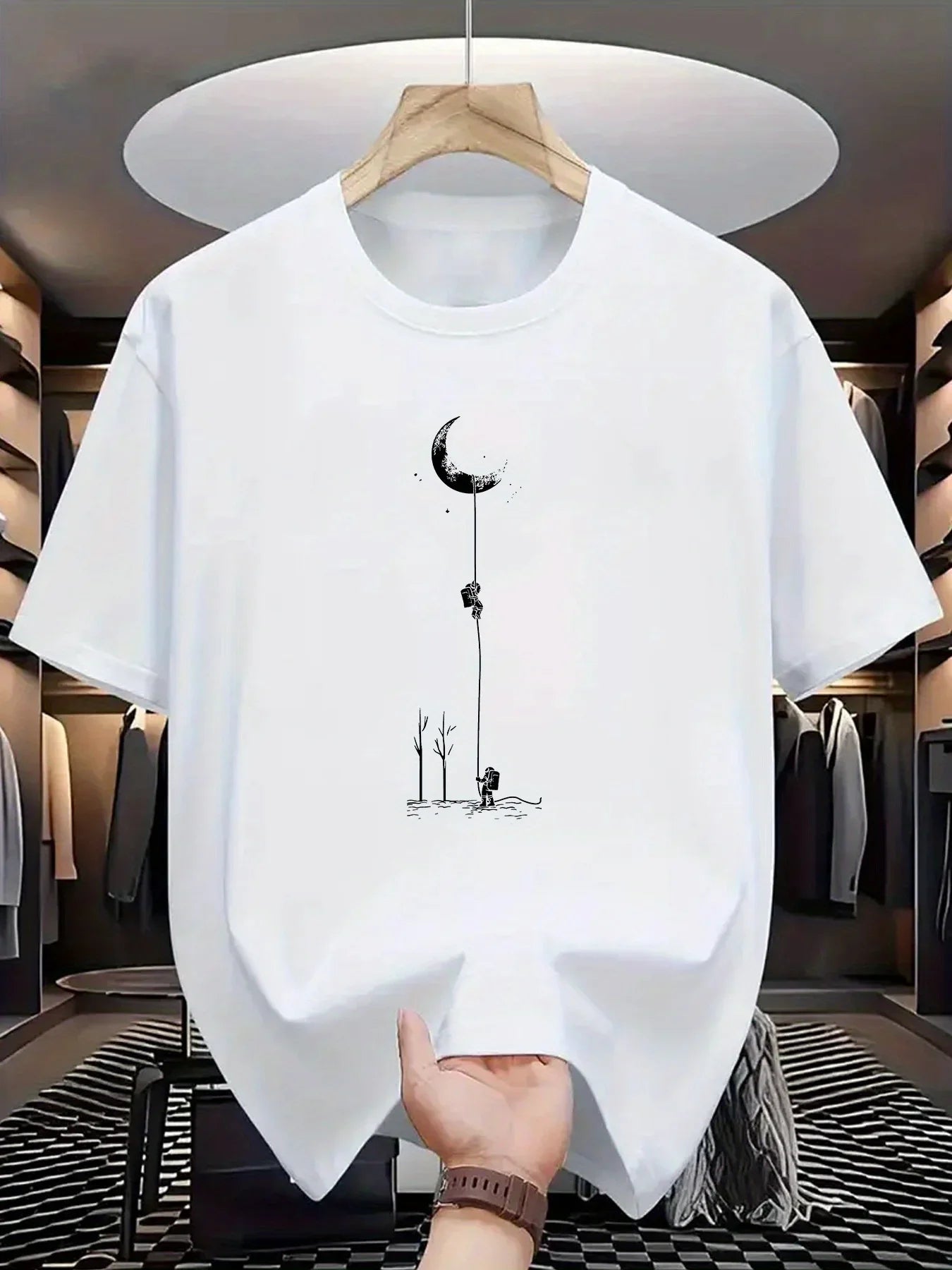 Summer Men's Casual Loose Accessories Plus Size Moon Landing Pattern Printed Round Neck Short Sleeve T-Shirt Top