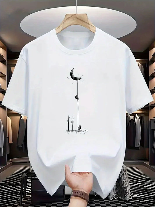 Summer Men's Casual Loose Accessories Plus Size Moon Landing Pattern Printed Round Neck Short Sleeve T-Shirt Top
