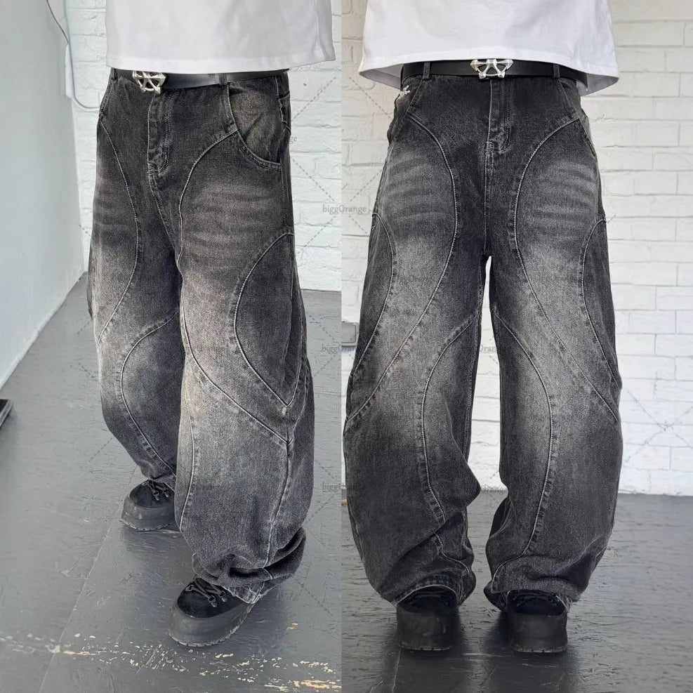 Men Straight Jean Denim Pants Jeans Ankle Length Pant Pockets Washed High Street Loose Spliced Distressed Zipper Fly Vintage
