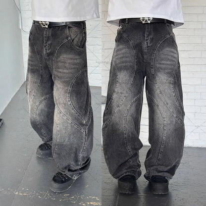 Men Straight Jean Denim Pants Jeans Ankle Length Pant Pockets Washed High Street Loose Spliced Distressed Zipper Fly Vintage