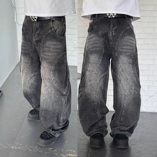 Men Straight Jean Denim Pants Jeans Ankle Length Pant Pockets Washed High Street Loose Spliced Distressed Zipper Fly Vintage
