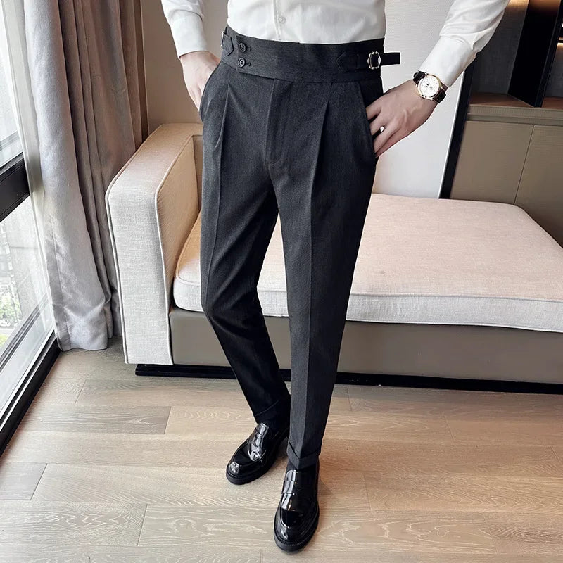 Autumn Winter High Waist Business Dress Pants Men Casual Belt Design Slim Suit Pants Formal Wedding Social Party Male Trousers