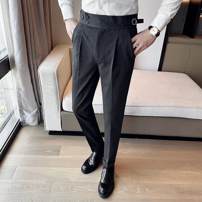 Autumn Winter High Waist Business Dress Pants Men Casual Belt Design Slim Suit Pants Formal Wedding Social Party Male Trousers