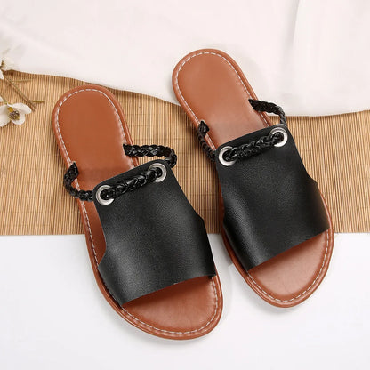 Women's Peep Toe Flat Slides, Casual Faux Leather Slip On Shoes, Lightweight Beach Slide Sandals