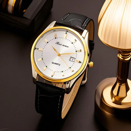 Classic Men‘s Quartz Watch with Calendar Fashion Metal Dial Leather Strap Man Watch Casual Business Male Clock montre homme