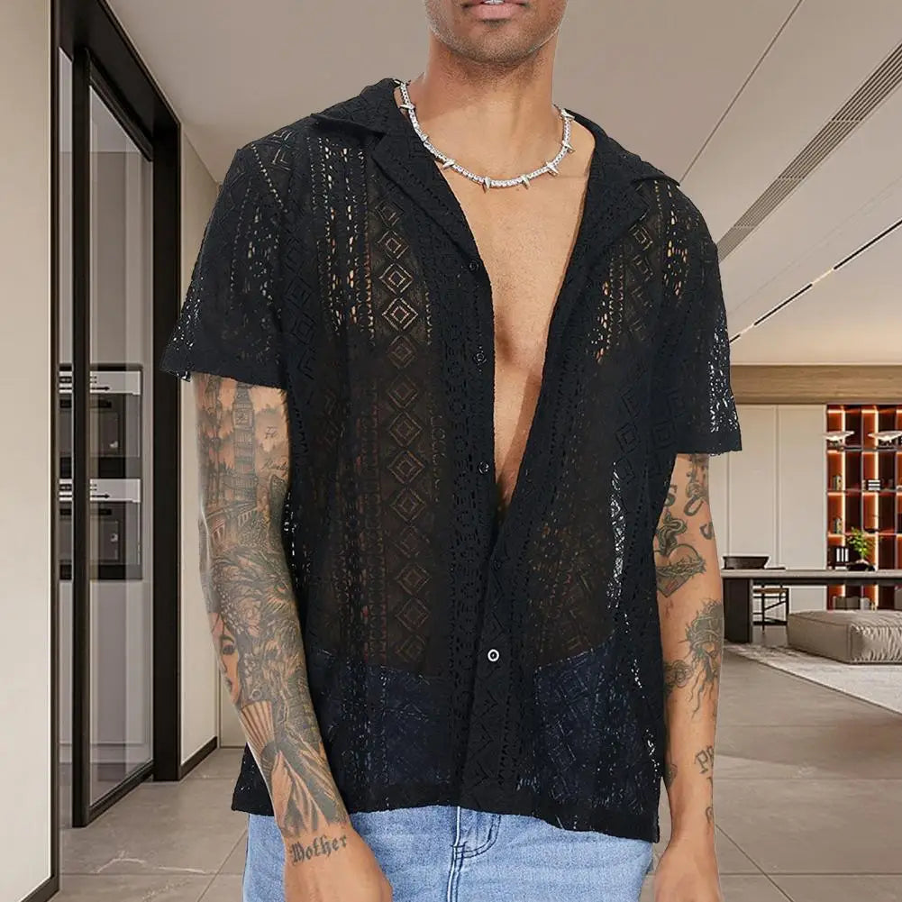 Summer Men Shirt Solid Color Hollow Out Lapel Short Sleeves Single-breasted Men Top Loose Mid-length Lace Male T-shirt