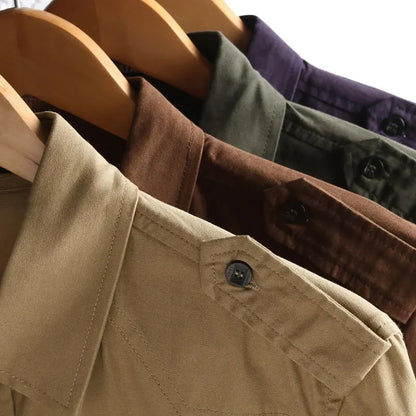 2025 Men's Epaulette Shirt Fashion Full Sleeve Epaulet Shirt Military Style 100% Cotton Army Green Shirts with Epaulets