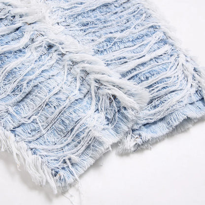 Men's Light Blue Fringe Denim Jeans Ripped Distressed Destroyed Streetwear Pants with Patches Patchwork Loose Fit Trousers