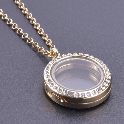 Glass Metal Gold Color Heart Round Water Drop Relicario Photo Locket Necklace Rhinestone Floating Charm O-shaped Chains Necklace
