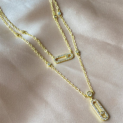 Paperclip Double-Layer Necklace Women With Full Diamonds Rectangular 18K Gold Pendant Long Tassel Clavicle Chain Daily Jewelry