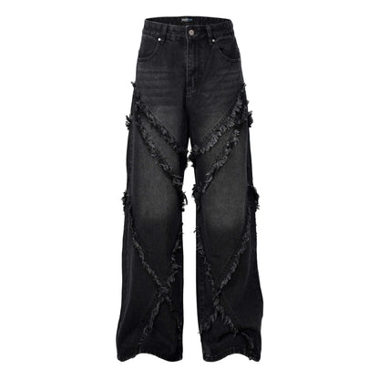 High Street American Washed Old Splicing Cat Whisker Jeans Men's and Women's Same Trendy Brand Loose Wide Leg Straight Pants