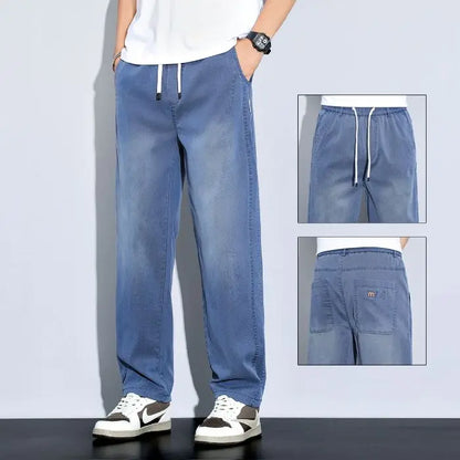 2025 New Ice Silk Thin Denim Jeans For Men Blue Straight Stretch Cotton Pants Business Casual Lightweight Trousers Spring Summer