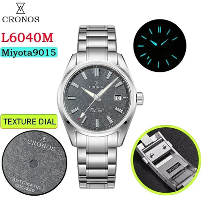 Cronos L6040 Men Watch 39mm Automatic Mechanical Watches PT5000 Miyota 9015 Movement Sapphire Crystal Luminous Waterproof 100m