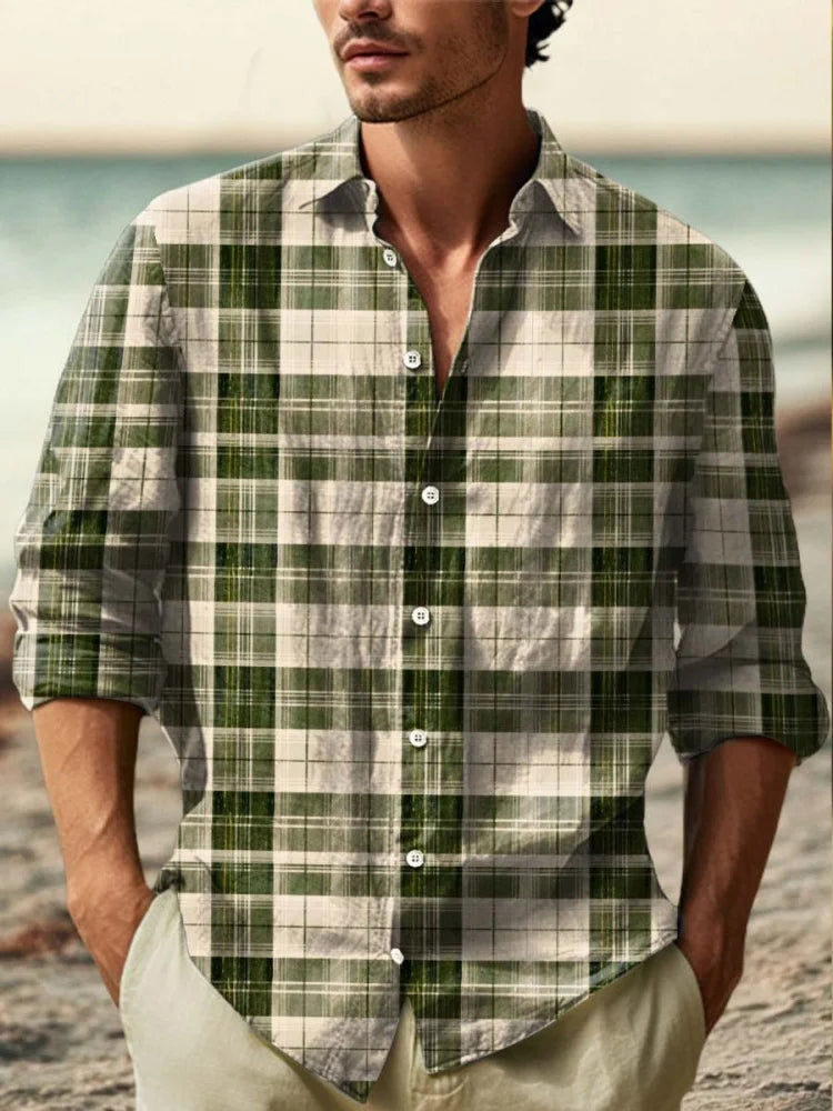 2025 Men's New Linen 3D Printed Long Sleeve Shirt Fashion Design Luxury Long Sleeve Shirt Four Seasons Lapel Button Shirt