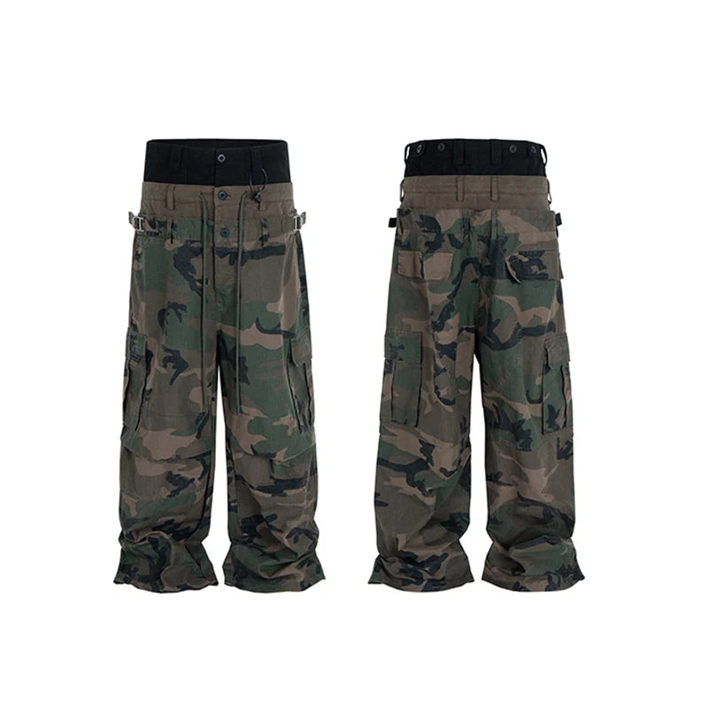 Three Waisted Camouflage Cargo Pants for Men Streetwear Patchwork Baggy Jeans Wide Leg Casual Loose Denim Trousers Oversized