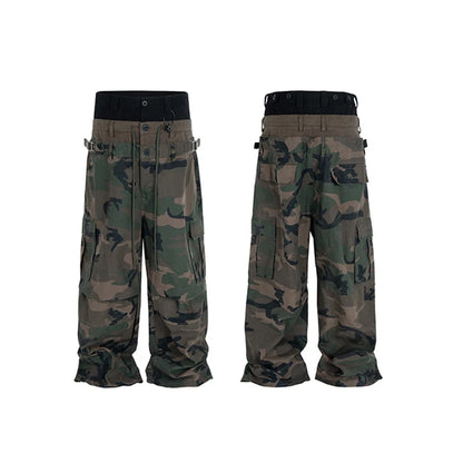Three Waisted Camouflage Cargo Pants for Men Streetwear Patchwork Baggy Jeans Wide Leg Casual Loose Denim Trousers Oversized
