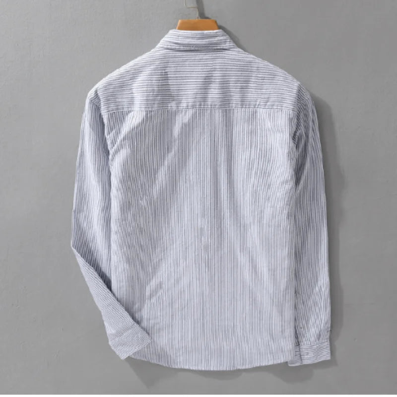 Simple Striped 100% Cotton Shirts for Men Clothing Casual Big Pocket Long Sleeve Men Shirts FY9920