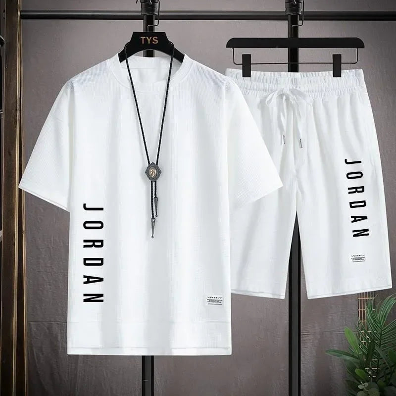 Leisure sports suit men's new summer fashion outdoor basketball jogging men's round neck short-sleeved T-shirt shorts 2 sets